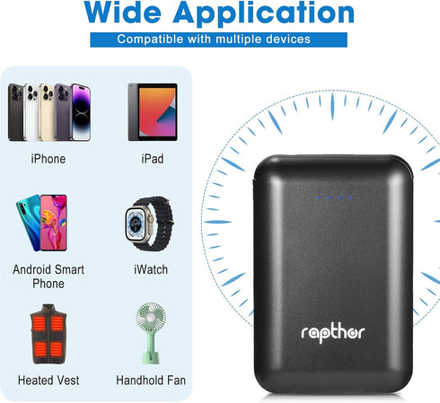 rapthor 5V 10000mAh 2A / 7.4V 5500mAh 3A Battery Pack for Heated Vest/Jackets/Hoodies, Portable Dual Outputs