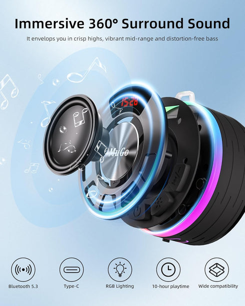 MuGo IPX7, 360 5.3 Shower Bluetooth Speaker Waterproof HD Stereo Sound Bathroom Speaker Bluetooth with RGB Lights