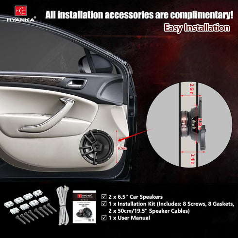 H YANKA ES-65 6.5 Door Speakers, 500 Watts Full-Range Stereo, 2-Way Coaxial Speakers, Installation Kit for Cars