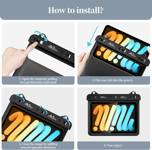MoKo Waterproof Tablet Case for Fire HD 8/Fire 7, iPad Mini 6/5/4/3, Galaxy Tab Pro 8.4, Stand Holder Dry Bag (Black)