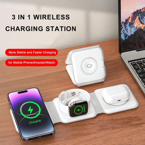 3 in 1 Magnetic Foldable Wireless Charger, Travel Charging Station for Multiple Apple Devices, Adapter Not Included