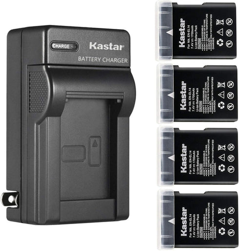Kastar 4-Pack EN-EL14 Battery and AC Wall Charger Replacement for Nikon D5300, D5500, D5600, Df, Coolpix P7000, P7100