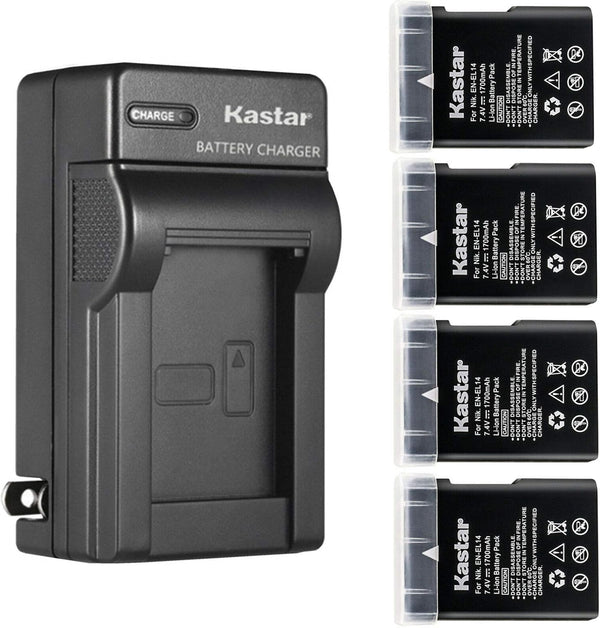 Kastar 4-Pack EN-EL14 Battery and AC Wall Charger Replacement for Nikon D5300, D5500, D5600, Df, Coolpix P7000, P7100