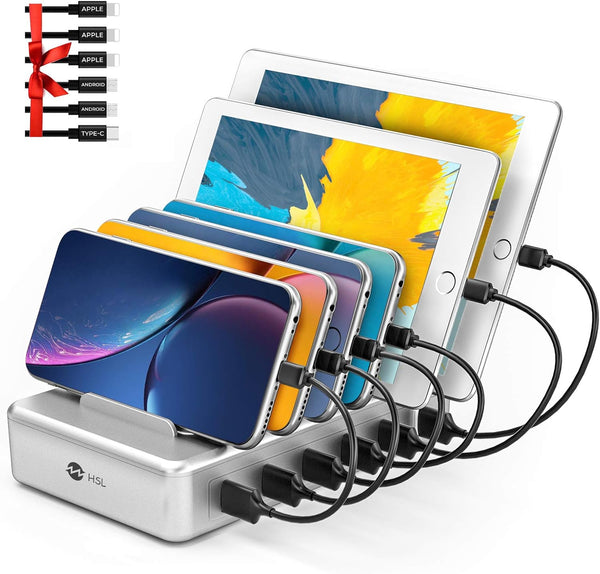 Charging Station for Multiple Devices - 6 Port Fast Charging Station for iPhone, iPad, Android, Tablet with 6 Mixed