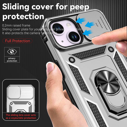 Hitaoyou iPhone 15 Case with Camera Cover & Kickstand, Military Grade Shockproof Heavy Duty Protective Case, Silver