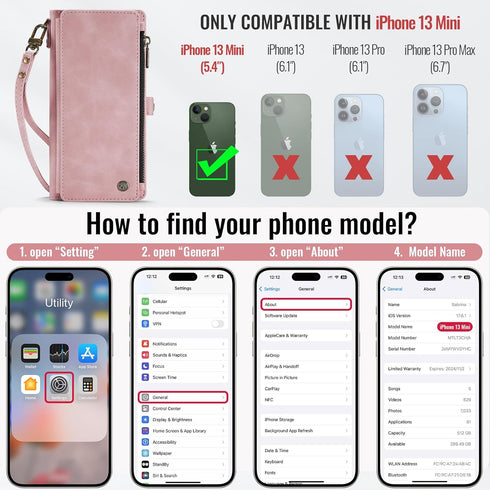 Defencase iPhone 13 Mini Case Wallet, RFID Blocking Card Holder, PU Leather Magnetic Snap Flip Zipper Strap Wallet Rose