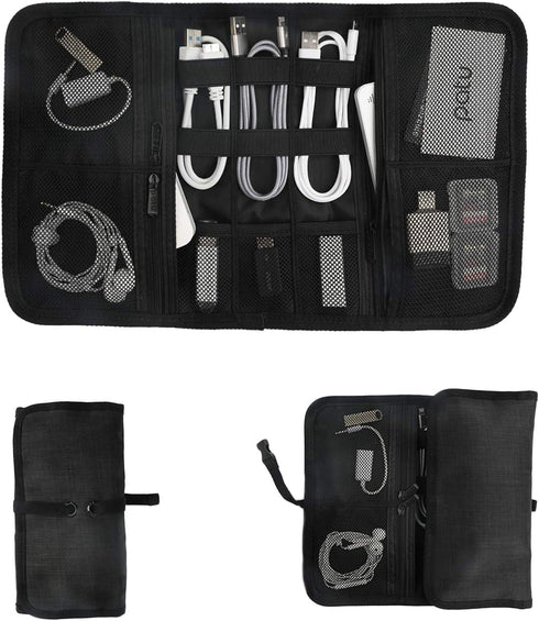 Patu Roll Up Electronics Accessories Travel Gear Organizer Case, Black, Portable Universal Kit Bag