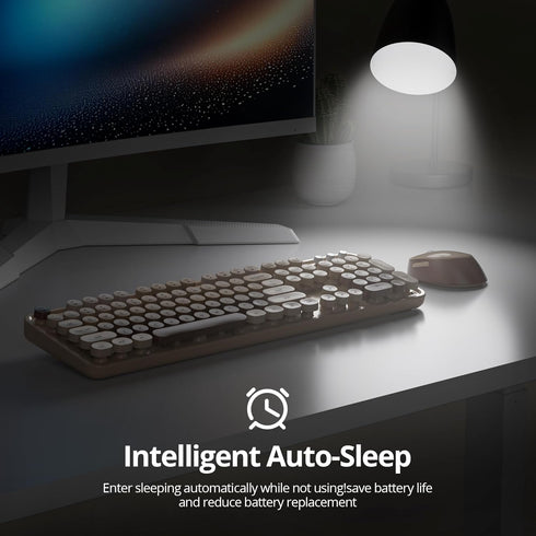 GTSP Retro Wireless Typewriter Keyboard and Mouse Combo, 2.4GHz Full-Size Cute Office Computer Keyboard with Round