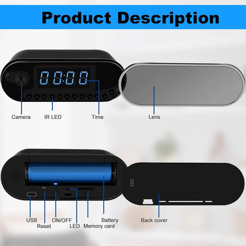 NJINALW Hidden Camera Clock, WiFi Spy Camera HD 1080P with Night Vision, Motion Detection, Nanny Cam