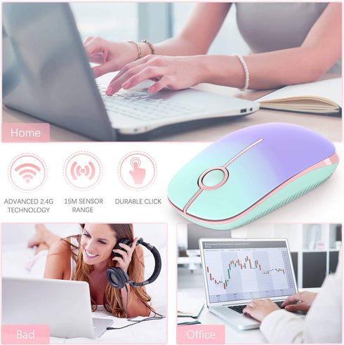 VssoPlor Wireless Mouse, Slim Portable 2.4G Computer Mice with Nano Receiver for PC, Laptop (Mint Green to Purple)