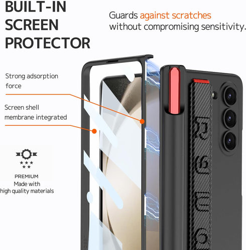NINKI Samsung Galaxy Z Fold 6 Case with S Pen (Red) - Carbon Fiber, Magnetic Hinge Protection, Strap Included