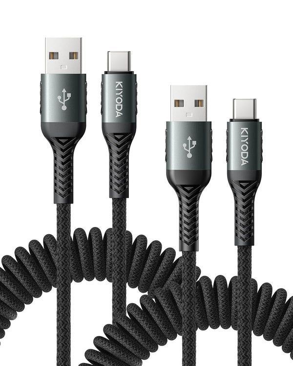 USB C Cable Nylon Braided Coiled 3FT, USB A to Type C Charger Cord for Car, 66W Fast Charging for Samsung Galaxy Devices