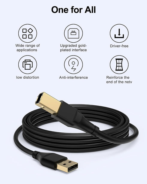 6ft, 2.0 6 HP Printer Cable Square USB A to USB B Cable for Printer/Scanner Epson, HP, Canon, Brother, Ethernet Print