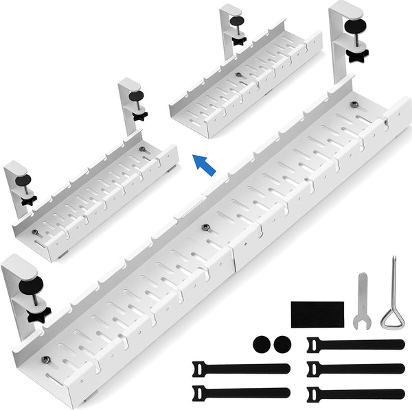 No Drilling Extendable Under Desk Cable Management Tray with Clamp, Retractable Power Strip Holder 31Inch (White)