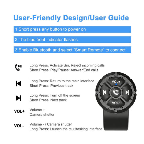 Bluetooth Media Button, Waterproof Wireless Music Controller for Car Steering Wheel, Bike & Motorcycle Handlebars