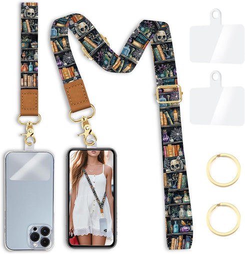 Goth Phone Lanyard Crossbody Strap, Gothic Bookshelf Cell Phone Lanyards for around