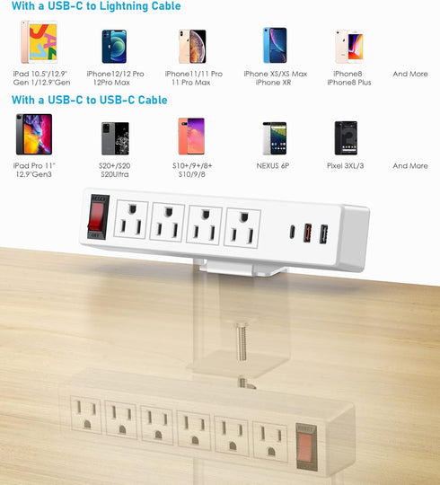 VILONG Desk Clamp Power Strip with 10 AC Outlets, PD20W USB-C, 6ft Extension Cord, Removable Clamp Power Socket