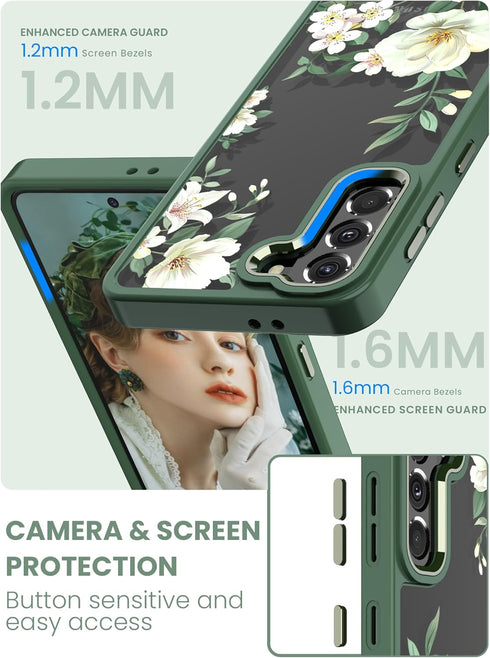 Dretal Galaxy S21 5G Case - Floral Design, Military Grade, Slim Hard Back & Soft Edge + Tempered Glass Protector (Green)