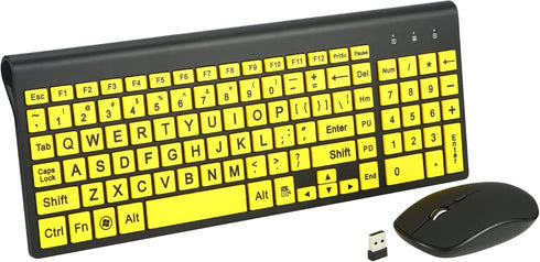 Full Size Large Print 2.4g Wireless Keyboard and Mouse with Oversized Print for Kids, Visually Impaired, Low Vision
