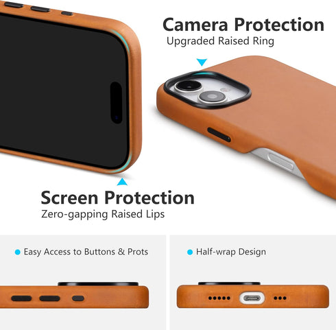 maogoam 16 6.1", for iPhone Case Leather, Compatible with MagSafe, Genuine Vintage Crazy Horse Leather, Metal Buttons