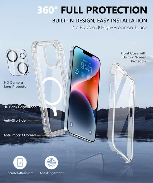 iPhone 14 Plus Case - Magnetic, Clear, Full Body Shockproof, Built-in Screen & Camera Lens Protectors, MagSafe