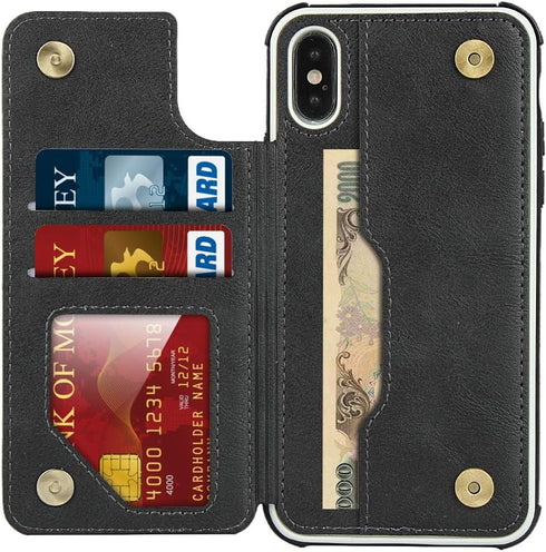 Cavor for iPhone X Wallet Case, Card Holder for Women Men, Shockproof Leather Case with Credit Card Holders, Black