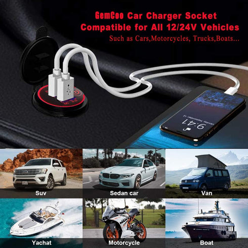 Quick Charge 3.0 Dual USB Car Charger Socket with Touch Switch 12V/24V 36W for Marine, Boat, Motorcycle, Truck, Golf