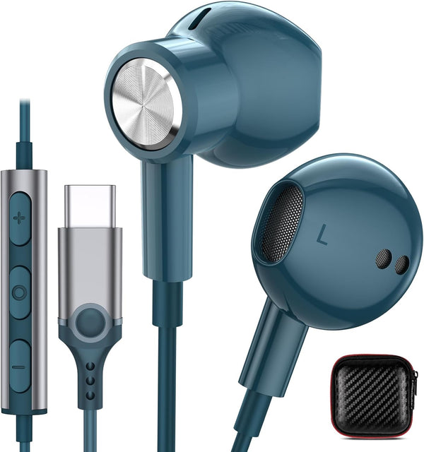 USB C Headphones Earbuds for iPhone 15 Plus iPad, Magnetic Wired Type C Earphone with Microphone for Android, Teal