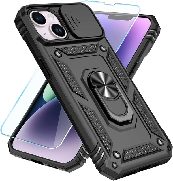 SunStory iPhone 13/14 Case (Black) - Military-Grade, HD Screen Protector, Slide Camera Cover & Kickstand.