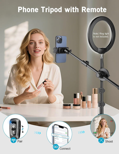 Nineigh 64" 25" 360 Overhead Tripod for iPhone, Phone Tripod Stand with Long Extendable Arm & Remote, Rotating Overhead