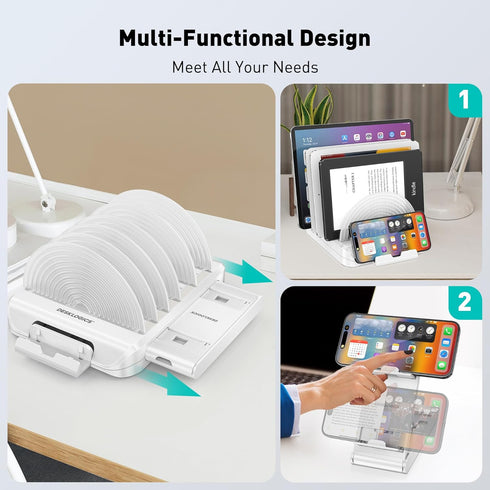 Vertical Laptop Stand for Desk, Adjustable Multi-Device Organizer, 6 in 1 with 360° Rotating Base, White