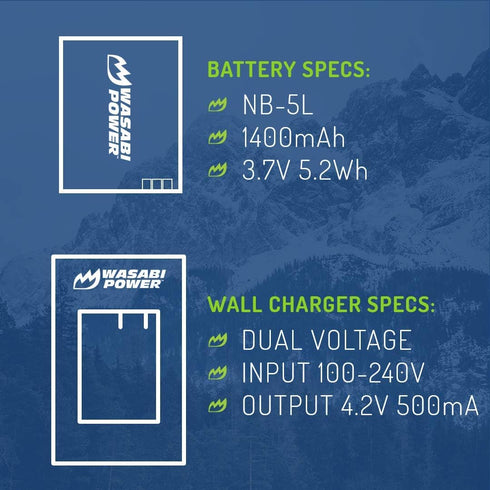 Wasabi Power Battery and Charger (2-Pack) for Canon NB-5L, PowerShot S100, S110, SD700 IS, SD790 IS