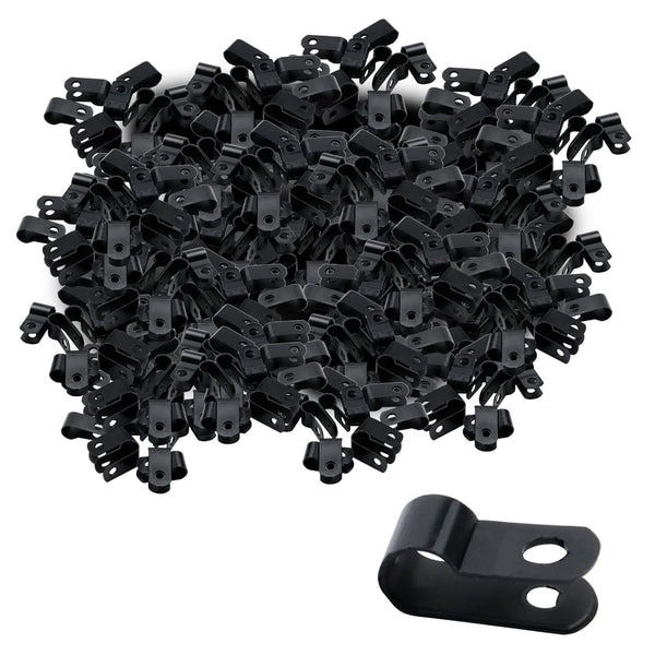 Antrader Nylon Plastic R-Type Black Cable Clamps, 200Pcs Nylon Screw Mounting Fastener Clips with 200pcs Screws for 1/4