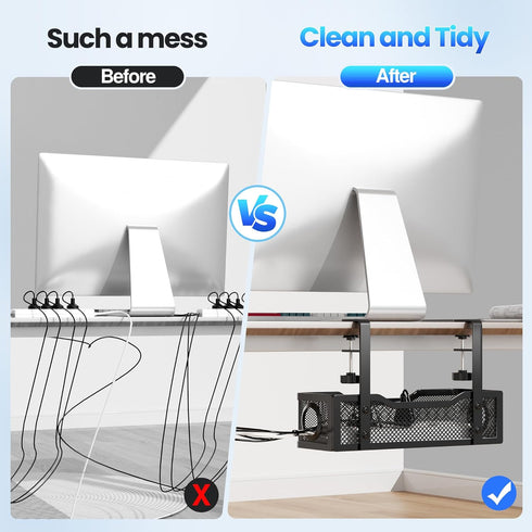Under Desk Cable Management Tray, No Drill Cable Management Box with Clamp for Desk Wire Management - Black