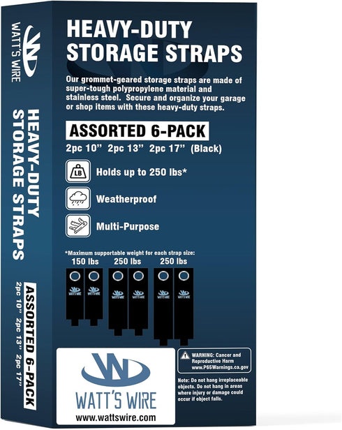 Heavy Duty Storage Straps - 6 Pack: 2 Medium, 2 Large, 2 XL - Extension Cord Ties - Storage Strap - By Watt's Wire by Watt's Wire