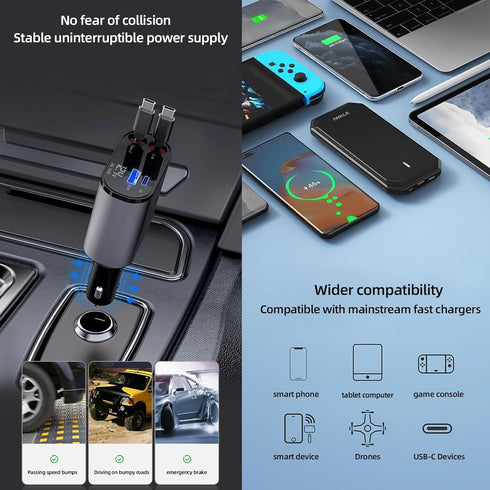 Kwak's USB C Retractable Car Charger Adapter, Fast Charge Compatible with iPhone 15/15 Pro Max (Double Type-C)