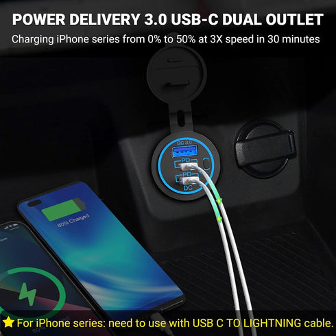 USB C Car Charger Socket 12V, 2 Pack 78W RV USB Outlet with Dual 30W PD USB-C and 18W QC3.0 Car USB Port
