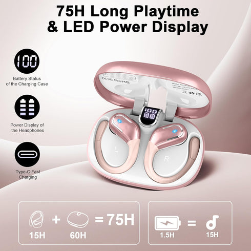 Wireless Earbuds, 75Hrs Bluetooth 5.4 Headphones Sport, Bluetooth Earbuds with ENC Noise Canceling Mic, Bass Stereo