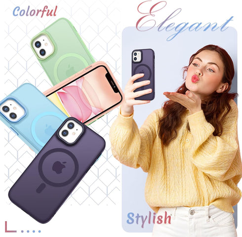 iPhone 11 Case: Matte Magnetic with 1 Screen Protector, Compatible with MagSafe, Translucent Frosted Slim Cover - Purple