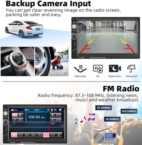 UNITOPSCI Double Din Car Stereo, 7 Inch Touch Screen Radio with Bluetooth, Hands-Free Calls, Backup Camera, FM Radio