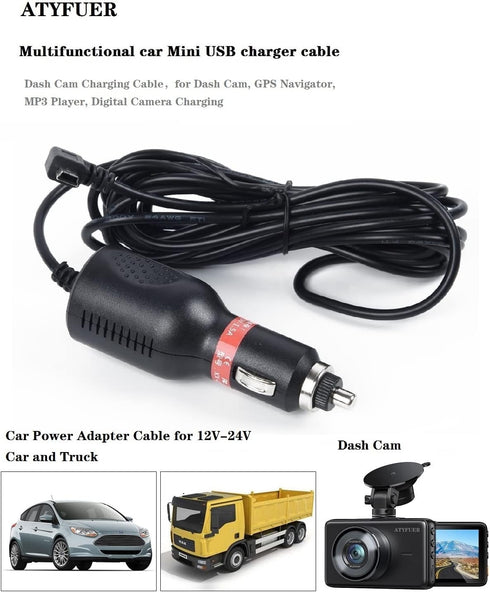 Dash Cam Charger Cable GPS Navigator Power Cord for Dash Cam GPS MP3 Player Charging for 12V Car and 24V Truck.