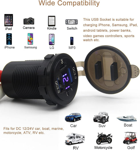 Dual USB Quick Charge 3.0 Port & PD USB C Car Charger Socket, 12V USB Outlet with Voltmeter for Car