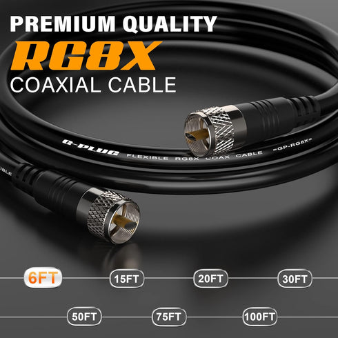 G-PLUG 100ft RG8X Coaxial Cable - 50 Ohm, Pure Copper, Waterproof Coax Cable with 2X UHF Radio Connectors