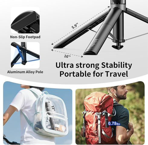KOLOOBO 67'' 360 Automatic Phone Tripod, Auto-Open Selfie Stick for iPhone with Remote, Rotatable Extendable Phone