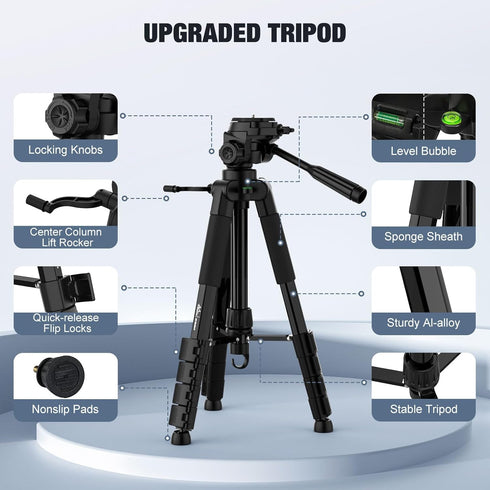 MoKo 70" Camera Tripod for iPad, iPhone, DSLR, SLR, with Travel Bag, Phone Holder, Wireless Remote, and Webcam