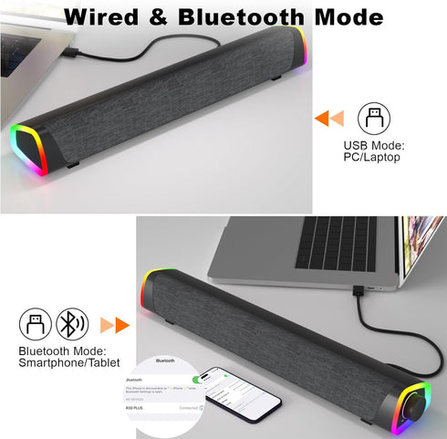 SOULION R30 Plus Bluetooth Computer Speakers for PC, Wired USB Powered Sound Bar with 6 Modes LED Lights
