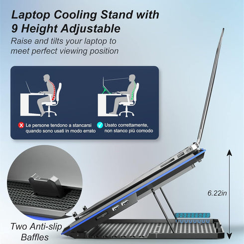 ICE COOREL Laptop Cooling Pad with 6 Fans - No Lights, Cooler for 15-17 Inches Laptops, Notebook Stand with 9 Height