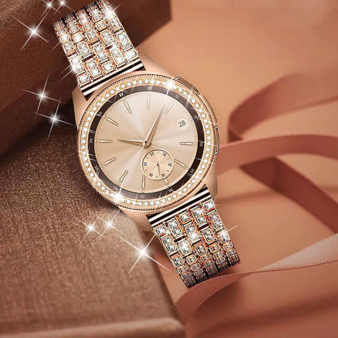 Luxury Rhinestone Diamond Steel Metal Strap with Bezel Ring Case Cover Replacement Bracelet, Compatible with Samsung