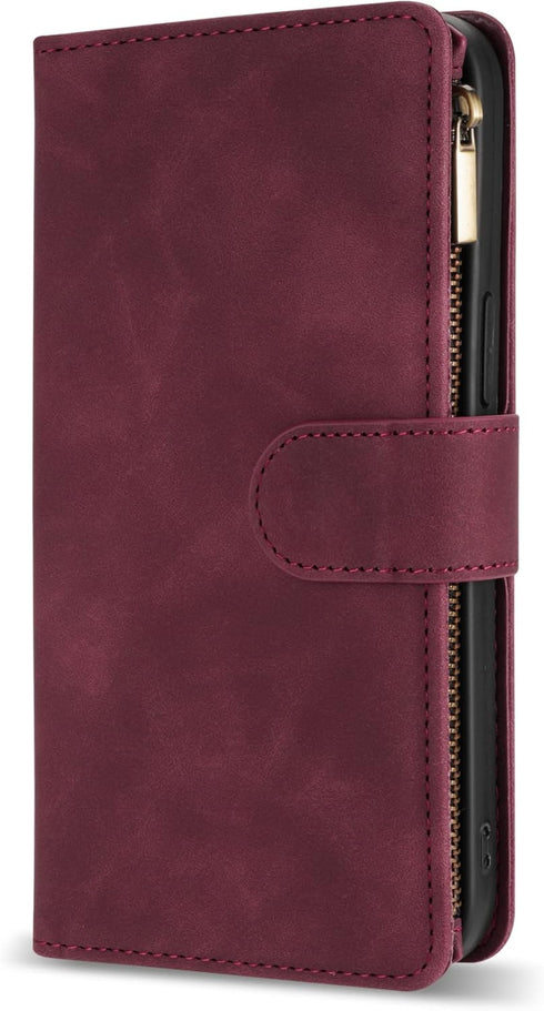 ZZXX for iPhone 12 Pro Max Wallet Case with Card Slot, Premium Soft PU Leather Zipper Flip Folio Wallet (Wine Red)