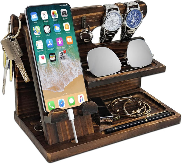 Phone Organizer Birthday Gifts for Men, Wood Docking Station, Nightstand Organizer for Desk, Brown